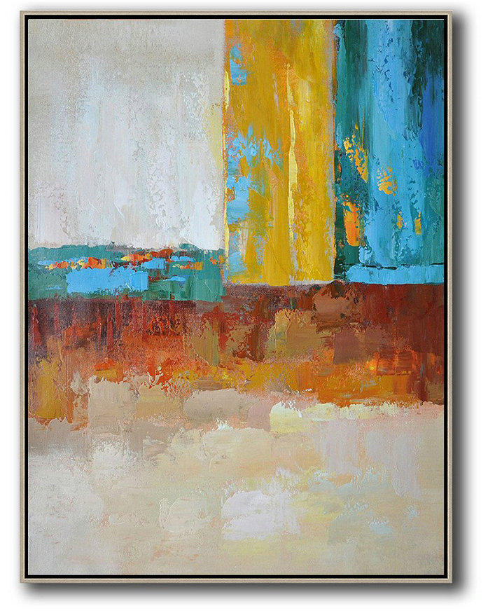 Extra Large Painting,Vertical Palette Knife Contemporary Art,Textured Painting Canvas Art,White,Grey,Yellow,Blue,Red.Etc
